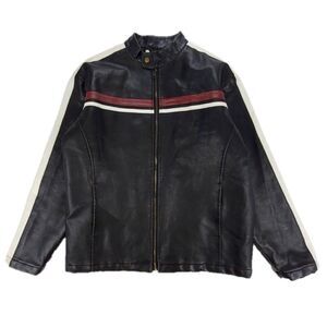 Vintage 90's Brown Cafe Racer Striped Moto Biker PVC Faux Leather Jacket Medium